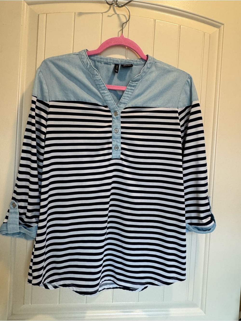 new directions Black & White Striped Henley Top with Light Blue Yoke